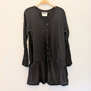 FLAX Rayon Button Down Crinkle Black Long Sleeve Mini Dress Small